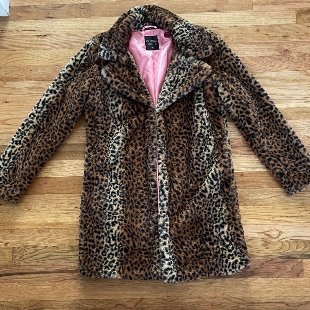 CI SONO Faux Leopard Fur Coat with Pink Satin Lining